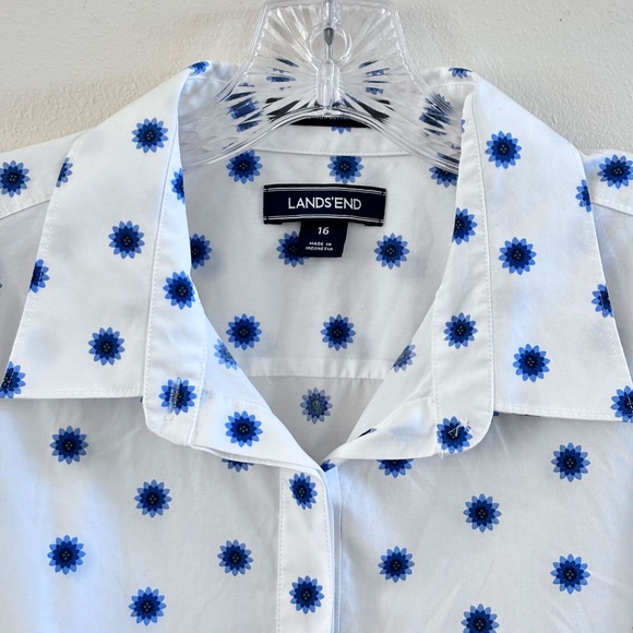 Lands' End Women's Front Button White w/ Blue Pattern SZ 16 Blouse Long Sleeve - Picture 4 of 11